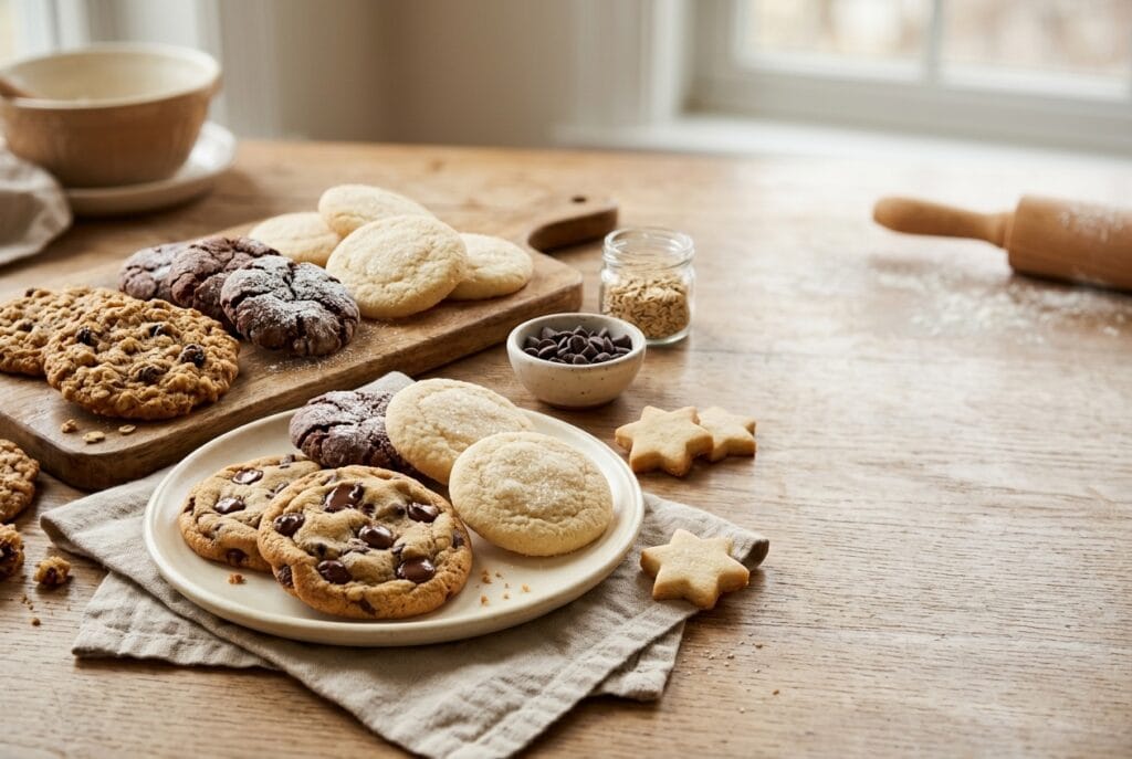 Chocolate chip cookies stacked on a wooden board